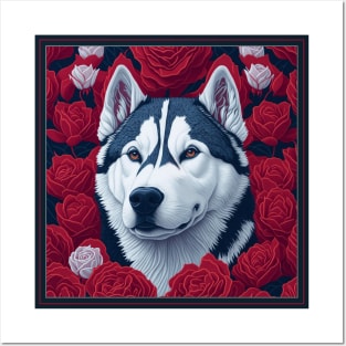 Dogs, Husky and flowers, dog, style vector (red version Siberian Husky) Posters and Art